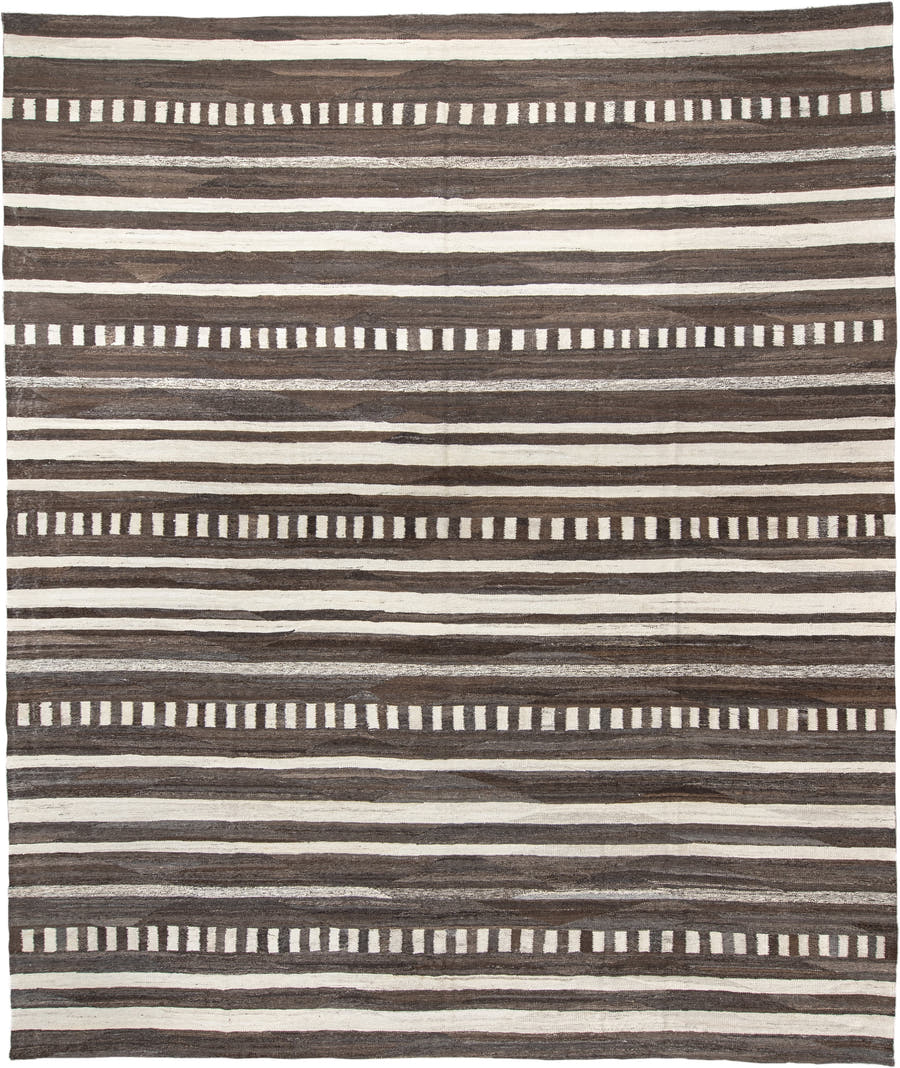 13' x 15' one-of-a-kind handmade vintage Kilim oversize rug. Color palette: brown, ivory, taupe, charcoal, beige, gray