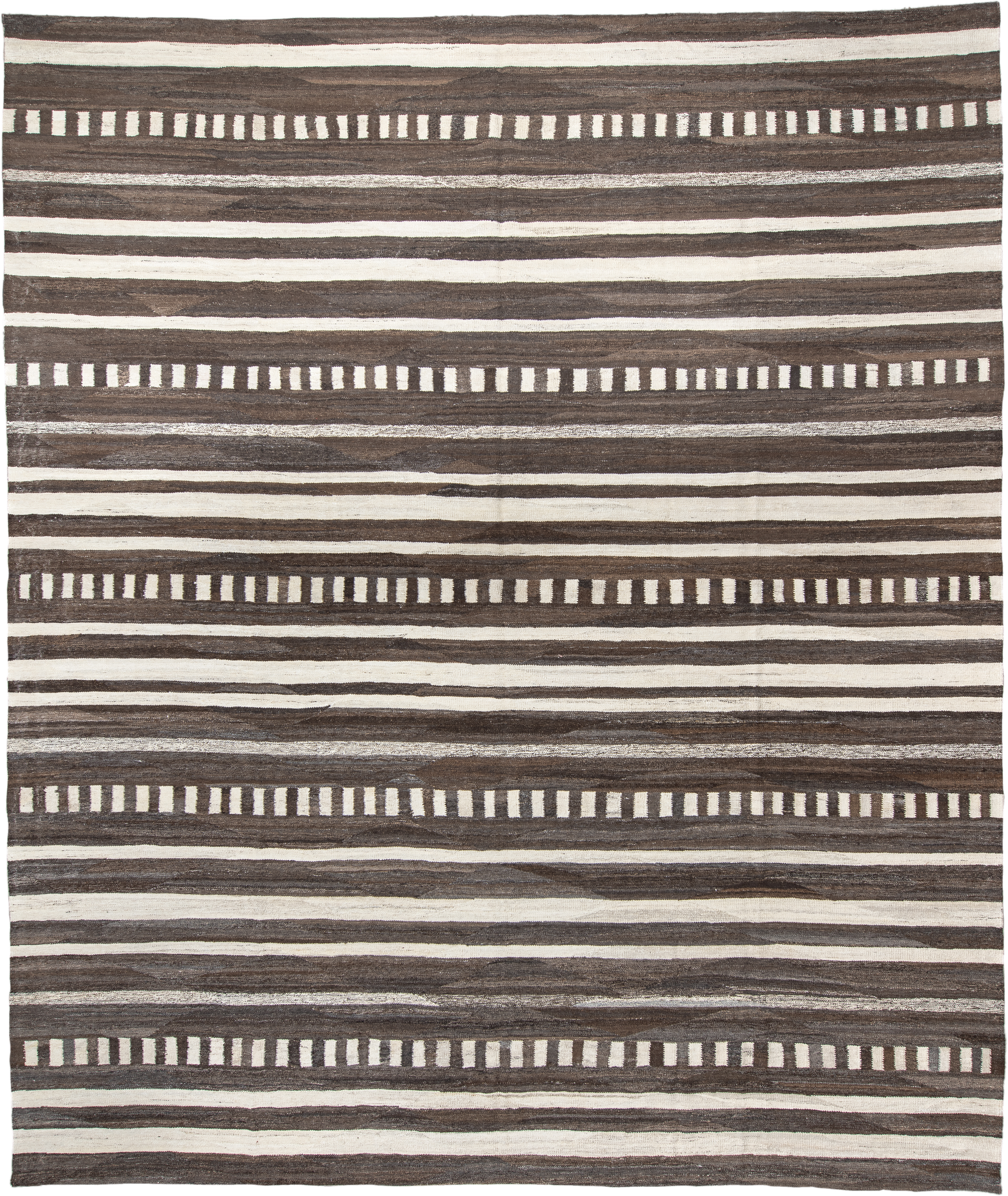13' x 15' one-of-a-kind handmade vintage Kilim oversize rug. Color palette: brown, ivory, taupe, charcoal, beige, gray