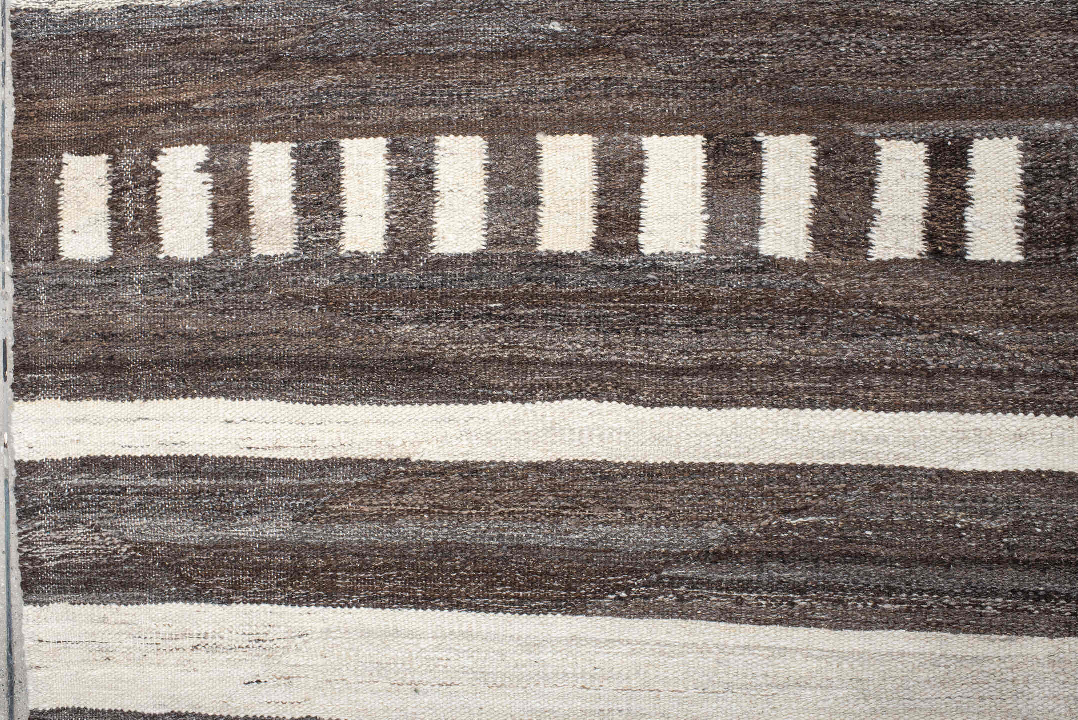 13' x 15' one-of-a-kind handmade vintage Kilim oversize rug. Color palette: brown, ivory, taupe, charcoal, beige, gray