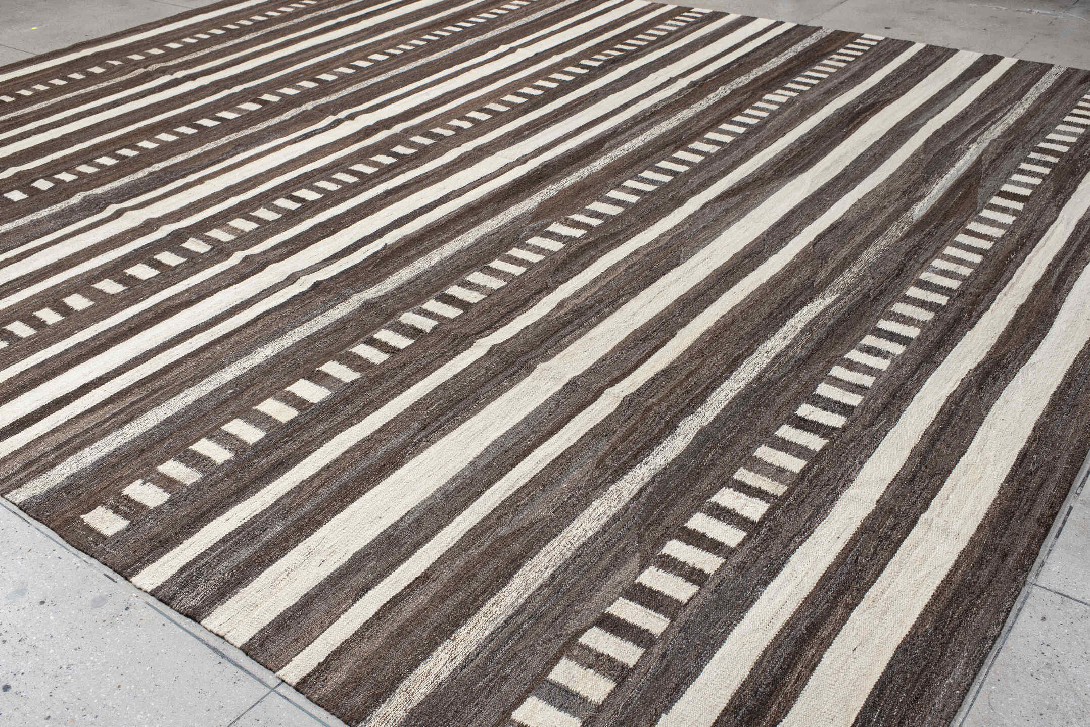 13' x 15' one-of-a-kind handmade vintage Kilim oversize rug. Color palette: brown, ivory, taupe, charcoal, beige, gray