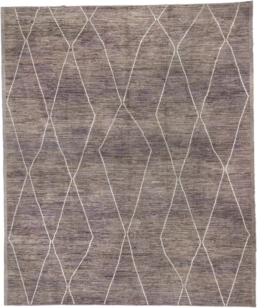 13' x 15' one-of-a-kind handmade vintage Tulu oversize rug. Color palette: taupe, lavender, ivory, gray, mauve, beige