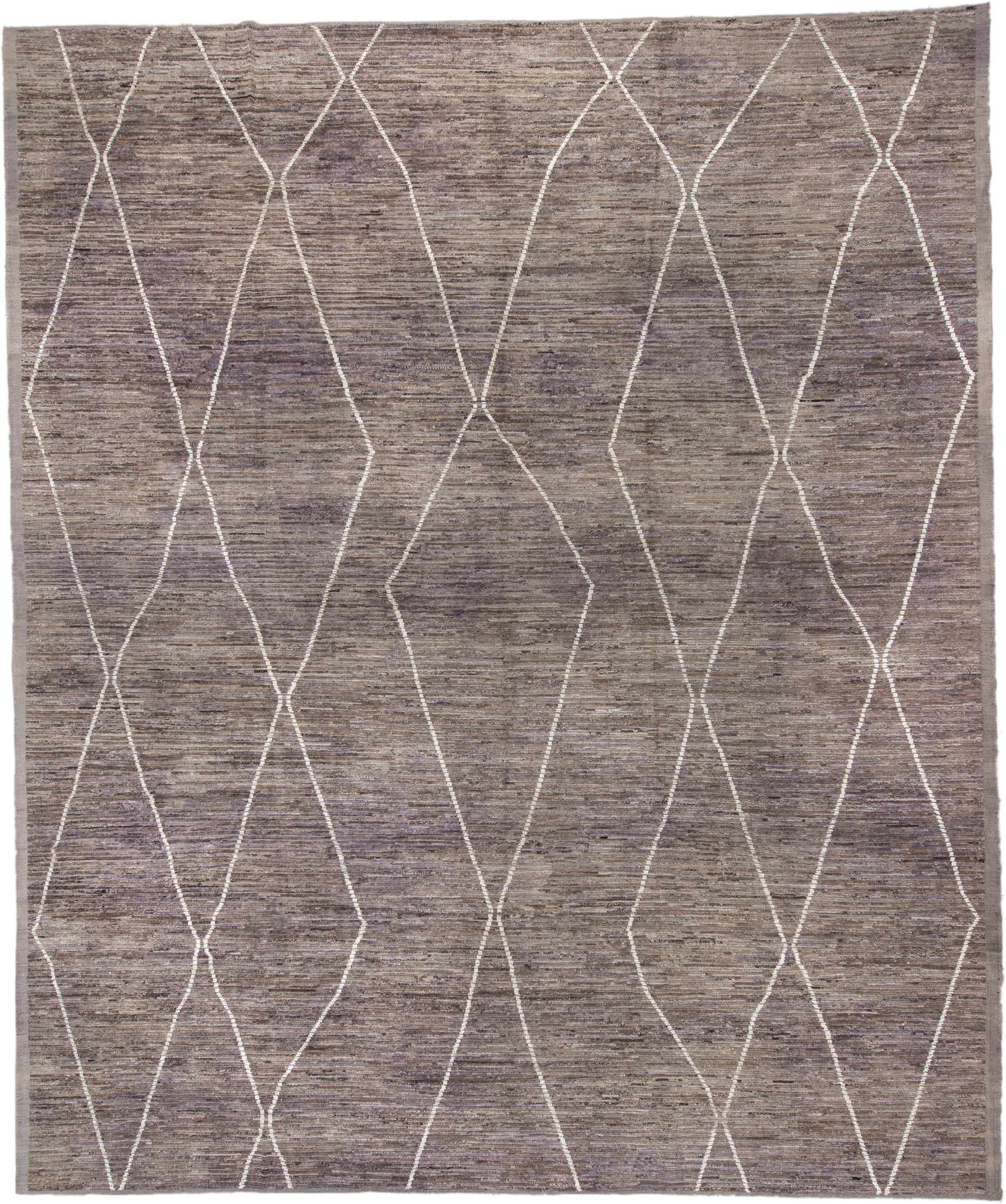 13' x 15' one-of-a-kind handmade vintage Tulu oversize rug. Color palette: taupe, lavender, ivory, gray, mauve, beige