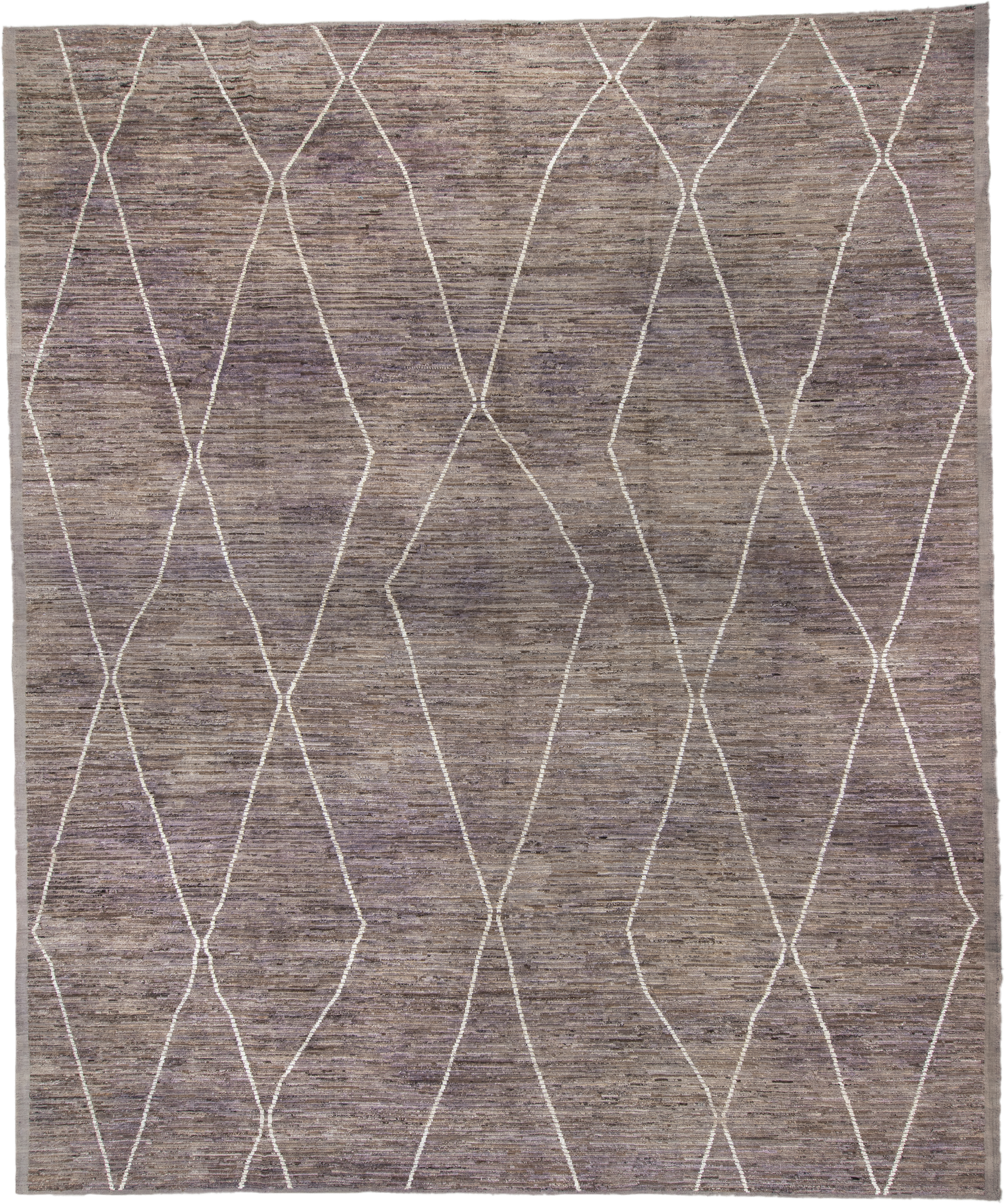 13' x 15' one-of-a-kind handmade vintage Tulu oversize rug. Color palette: taupe, lavender, ivory, gray, mauve, beige
