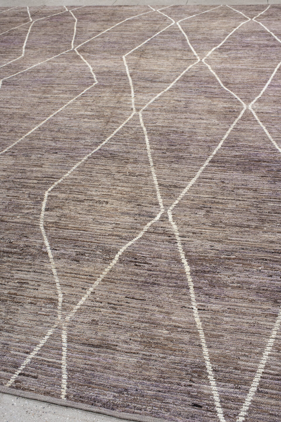 13' x 15' one-of-a-kind handmade vintage Tulu oversize rug. Color palette: taupe, lavender, ivory, gray, mauve, beige