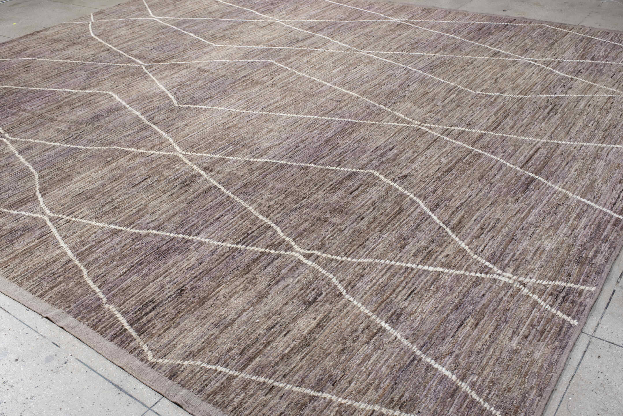13' x 15' one-of-a-kind handmade vintage Tulu oversize rug. Color palette: taupe, lavender, ivory, gray, mauve, beige