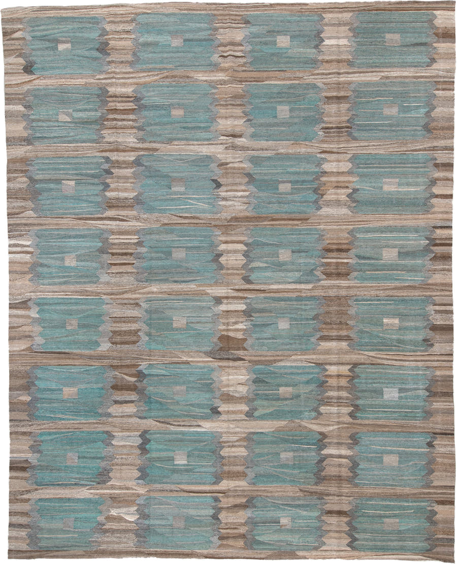 13' x 16' one-of-a-kind handmade vintage Kilim oversize rug. Color palette: taupe, aqua, beige, brown, gray, ivory, teal