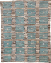 13' x 16' one-of-a-kind handmade vintage Kilim oversize rug. Color palette: taupe, aqua, beige, brown, gray, ivory, teal