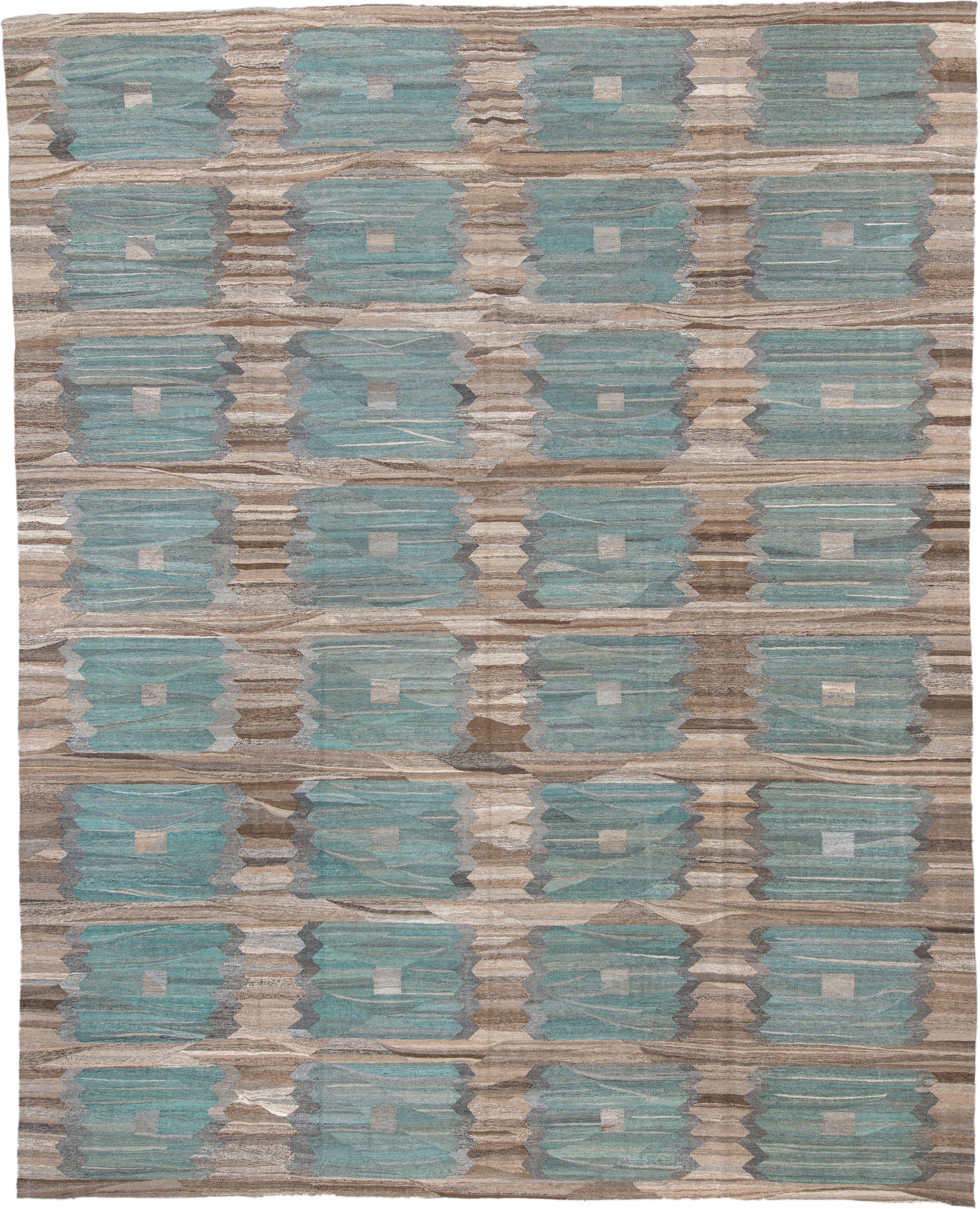 13' x 16' one-of-a-kind handmade vintage Kilim oversize rug. Color palette: taupe, aqua, beige, brown, gray, ivory, teal