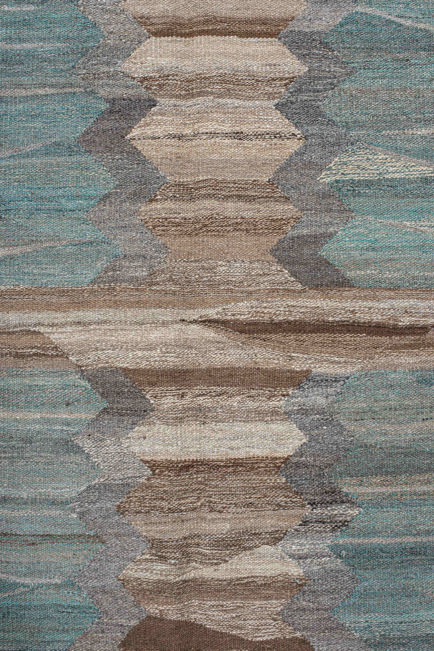 13' x 16' one-of-a-kind handmade vintage Kilim oversize rug. Color palette: taupe, aqua, beige, brown, gray, ivory, teal