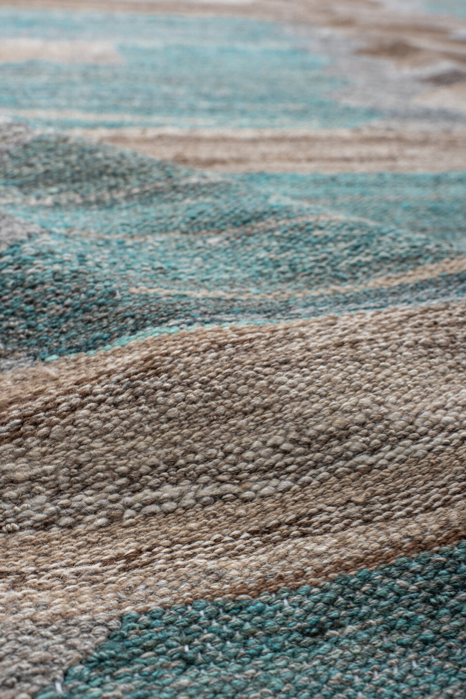 13' x 16' one-of-a-kind handmade vintage Kilim oversize rug. Color palette: taupe, aqua, beige, brown, gray, ivory, teal