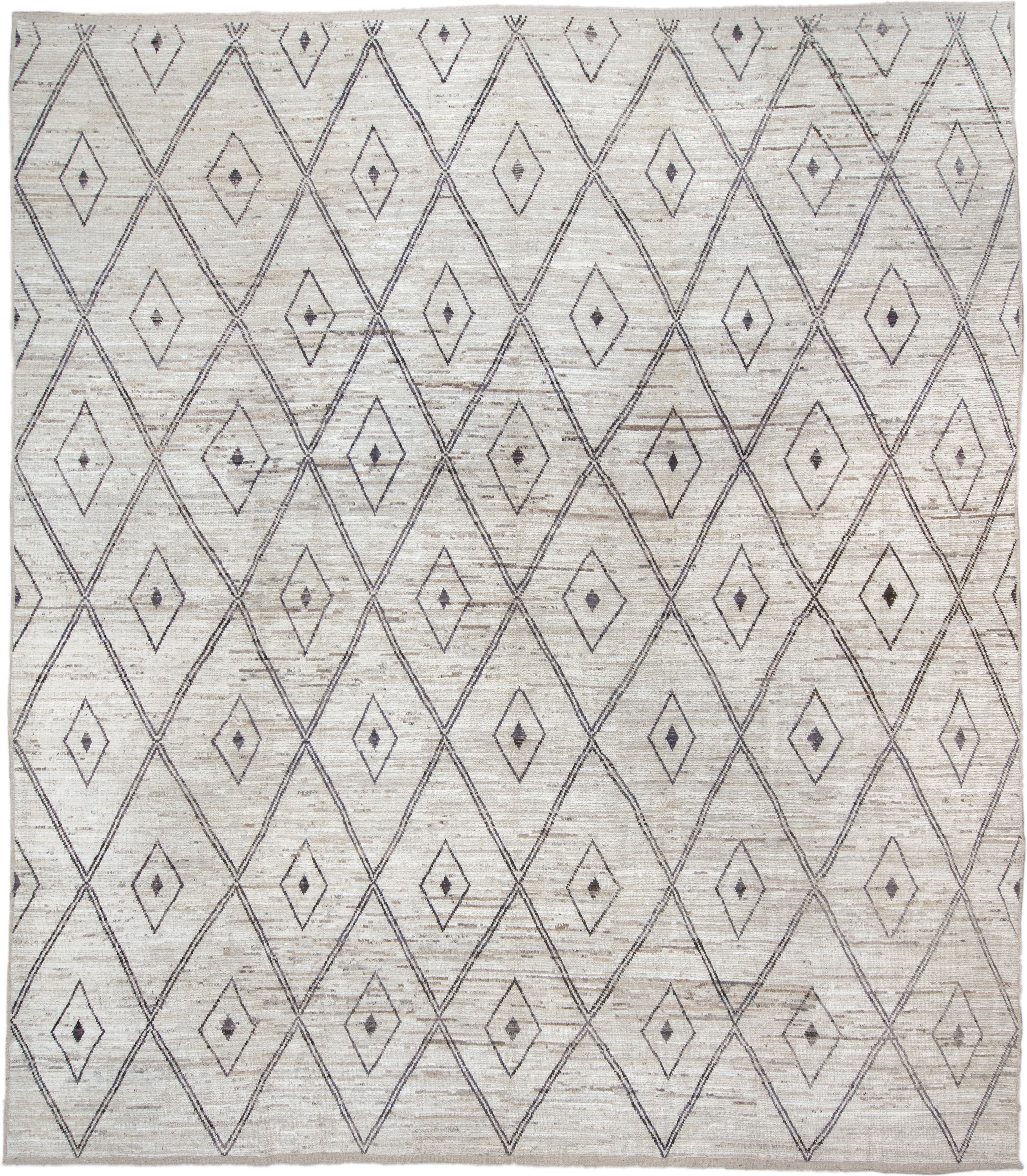 13' x 15' one-of-a-kind handmade vintage Tulu oversize rug. Color palette: ivory, taupe, charcoal, beige, gray, black