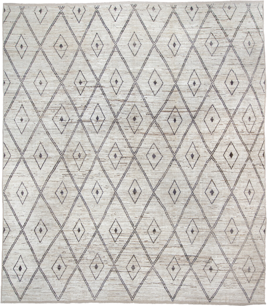 13' x 15' one-of-a-kind handmade vintage Tulu oversize rug. Color palette: ivory, taupe, charcoal, beige, gray, black