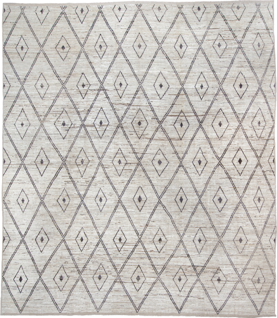 13' x 15' one-of-a-kind handmade vintage Tulu oversize rug. Color palette: dark gray, gainsboro, gray, light gray, off-white