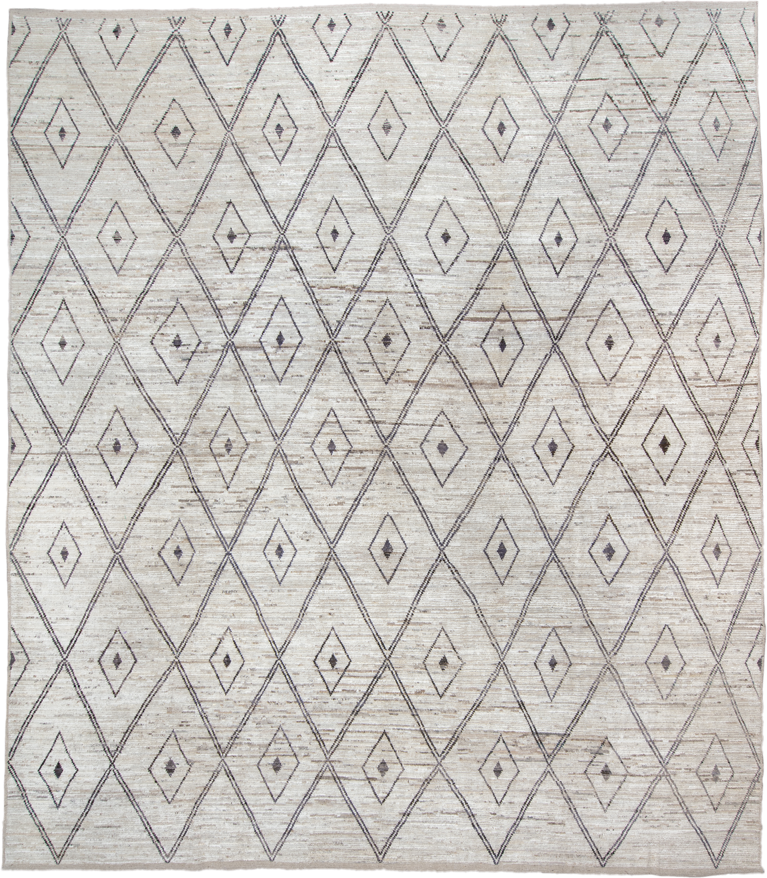 13' x 15' one-of-a-kind handmade vintage Tulu oversize rug. Color palette: ivory, taupe, charcoal, beige, gray, black
