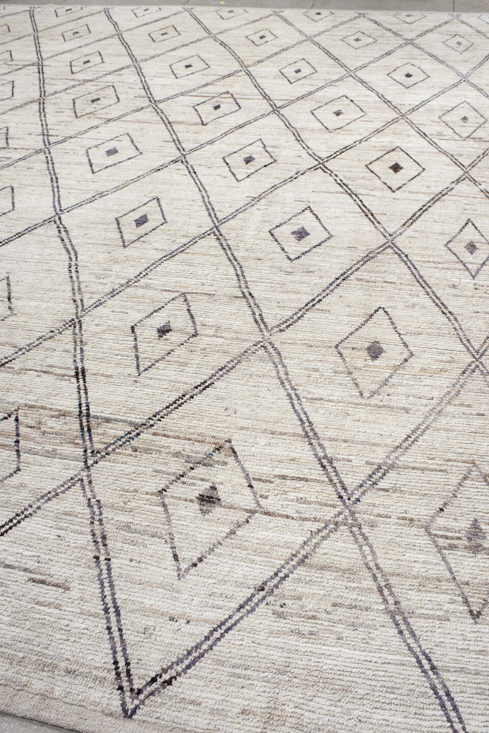 13' x 15' one-of-a-kind handmade vintage Tulu oversize rug. Color palette: dark gray, gainsboro, gray, light gray, off-white