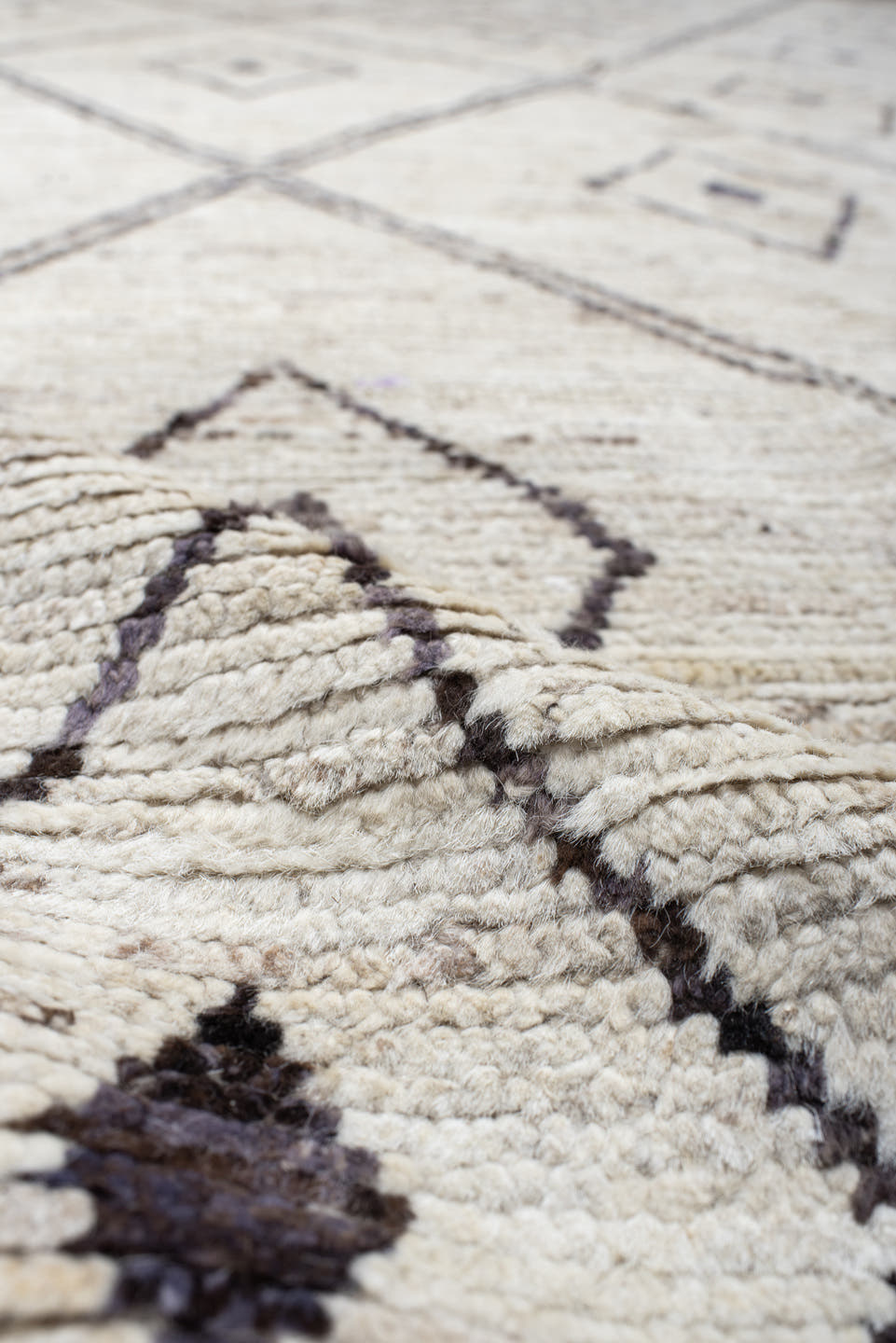 13' x 15' one-of-a-kind handmade vintage Tulu oversize rug. Color palette: ivory, taupe, charcoal, beige, gray, black
