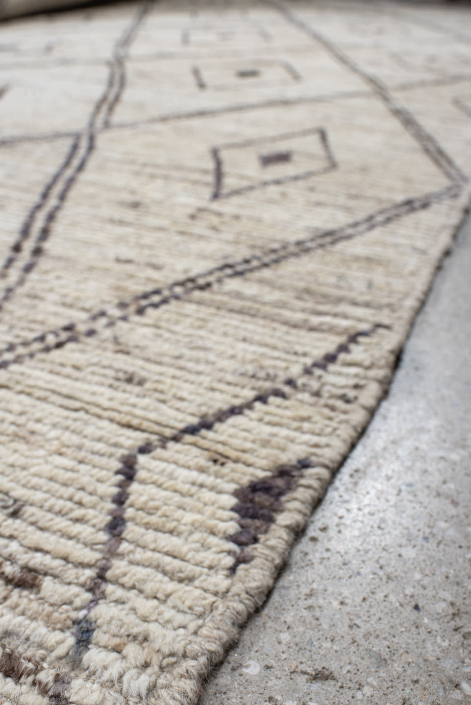 13' x 15' one-of-a-kind handmade vintage Tulu oversize rug. Color palette: ivory, taupe, charcoal, beige, gray, black