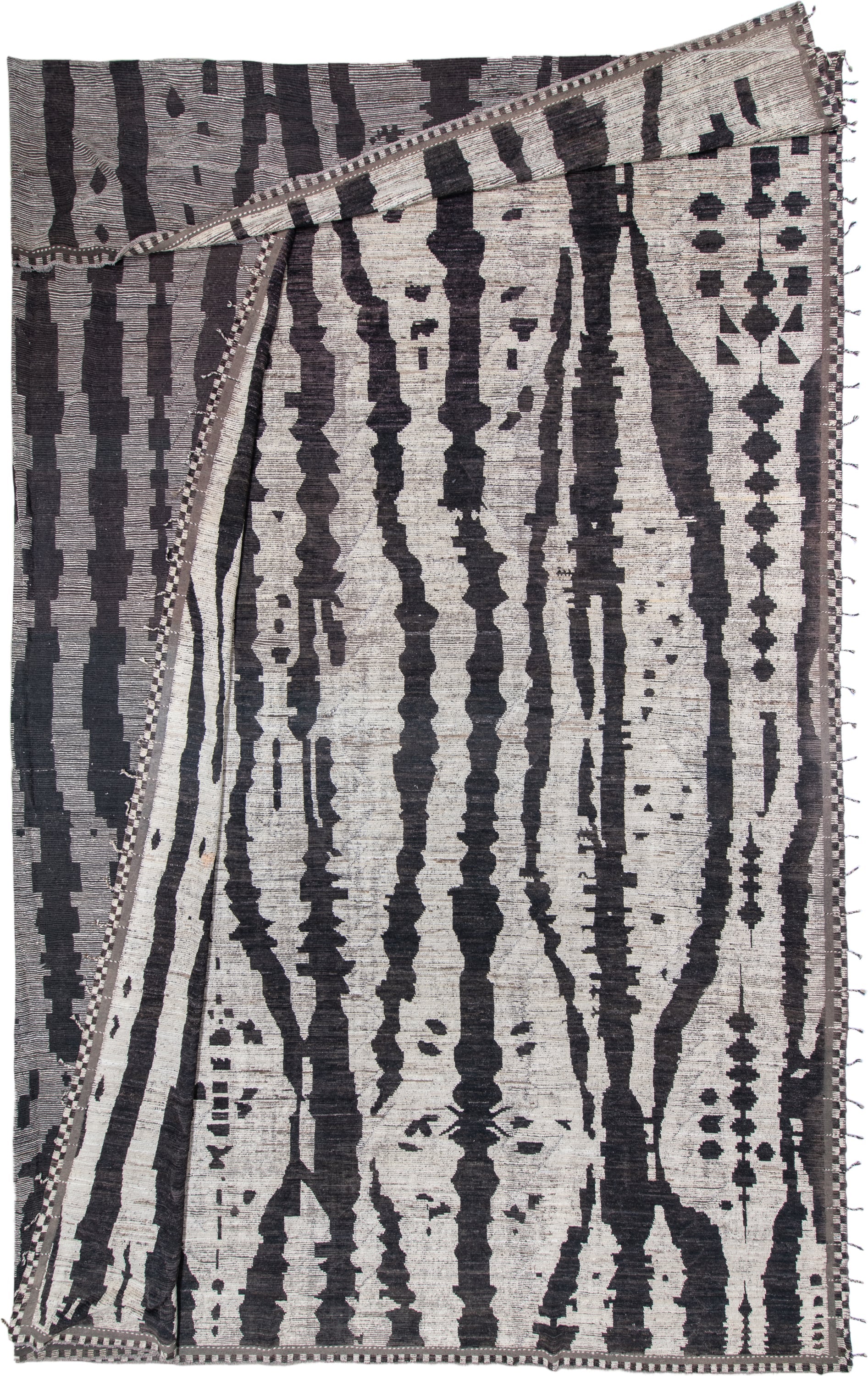 19' x 25' one-of-a-kind handmade vintage Tulu oversize rug. Color palette: ivory, charcoal, taupe, slate, gray, black, beige