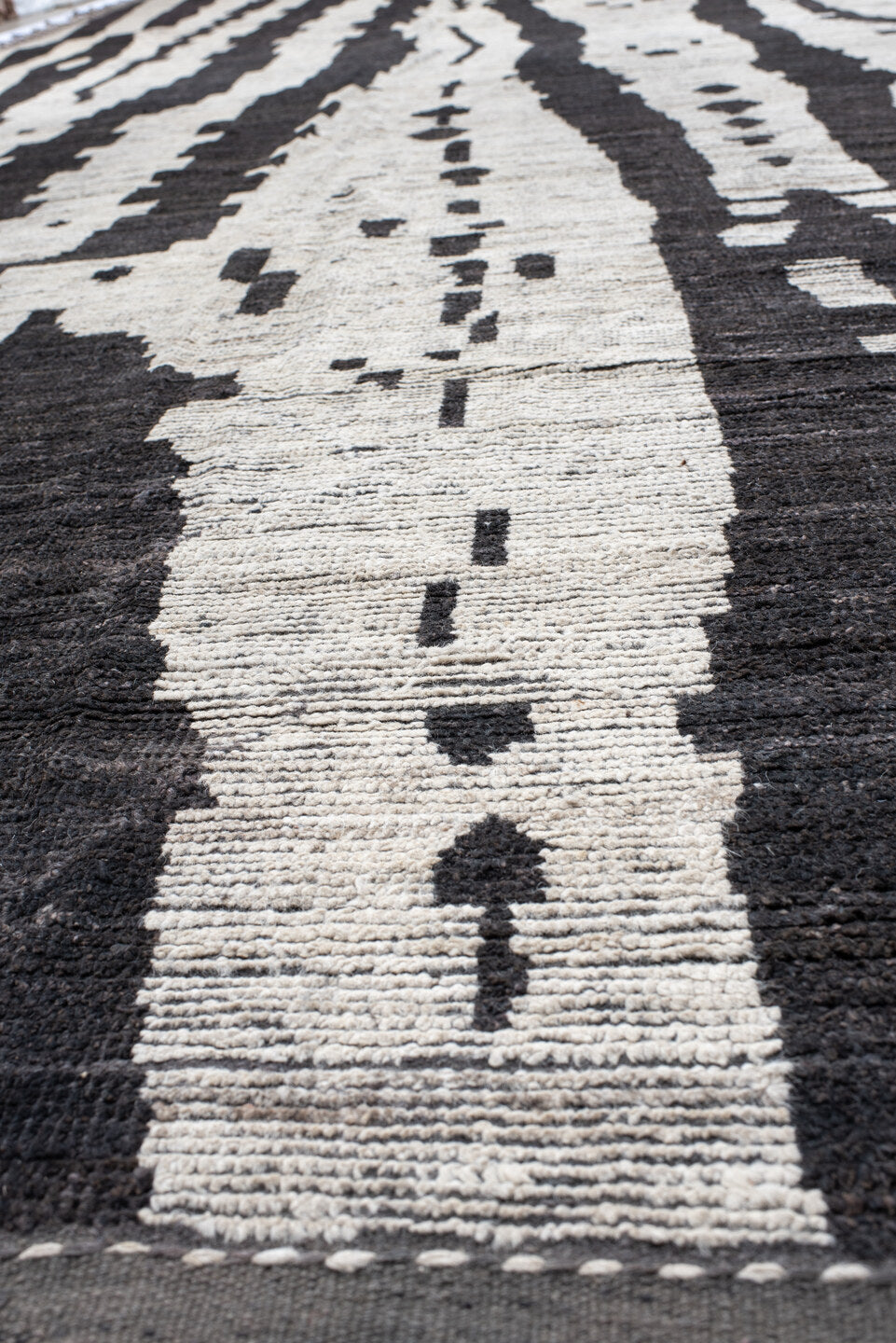19' x 25' one-of-a-kind handmade vintage Tulu oversize rug. Color palette: ivory, charcoal, taupe, slate, gray, black, beige
