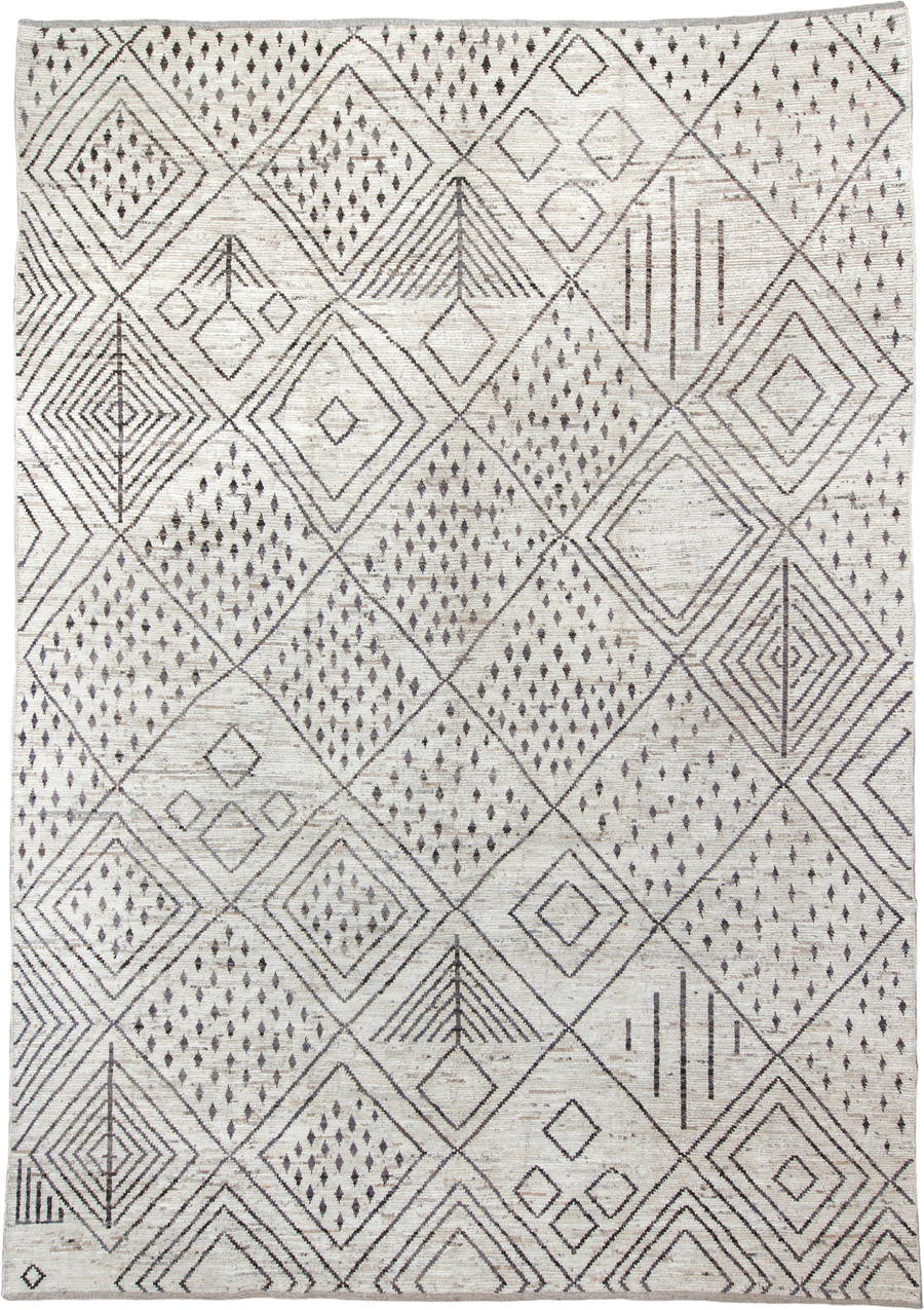 12' x 17' one-of-a-kind handmade vintage Tulu oversize rug. Color palette: ivory, charcoal, taupe, brown, gray, black, beige