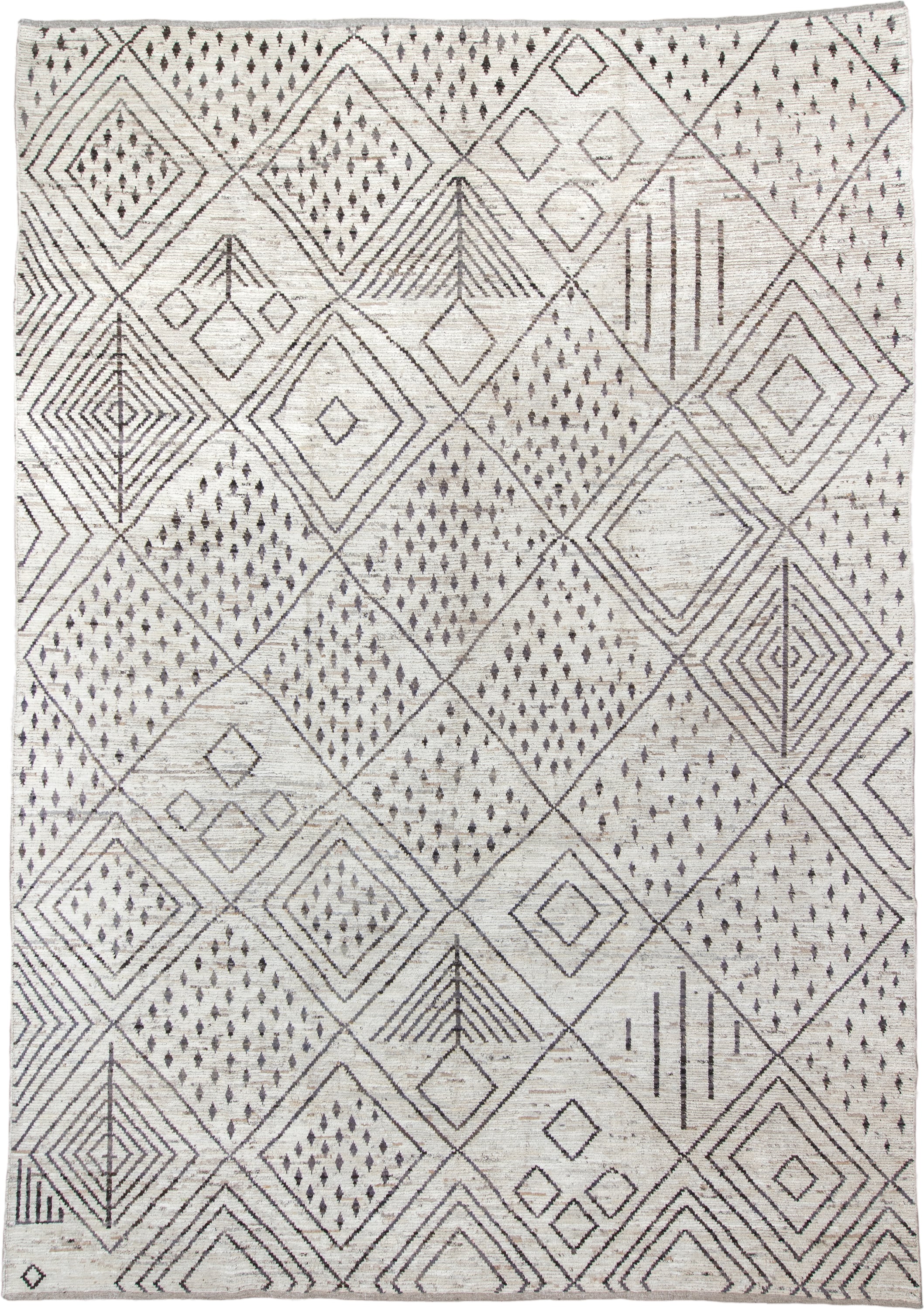 12' x 17' one-of-a-kind handmade vintage Tulu oversize rug. Color palette: ivory, charcoal, taupe, brown, gray, black, beige