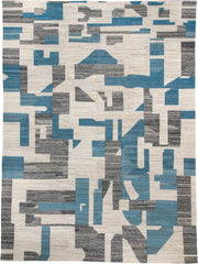 14' x 19' one-of-a-kind handmade vintage Kilim oversize rug. Color palette: ivory, blue, charcoal, slate, gray, black