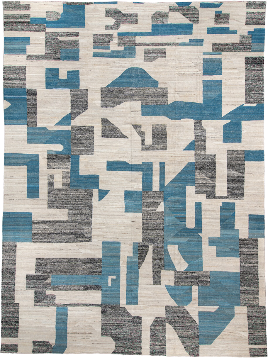 14' x 19' one-of-a-kind handmade vintage Kilim oversize rug. Color palette: ivory, blue, charcoal, slate, gray, black