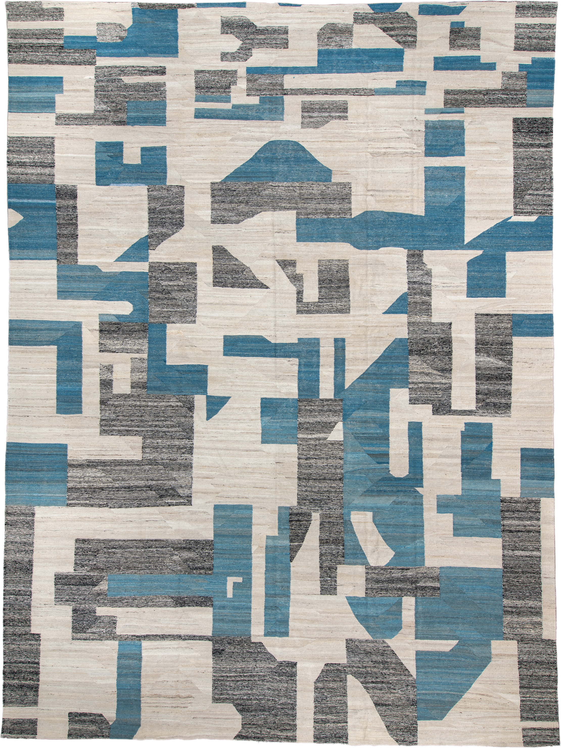 14' x 19' one-of-a-kind handmade vintage Kilim oversize rug. Color palette: ivory, blue, charcoal, slate, gray, black