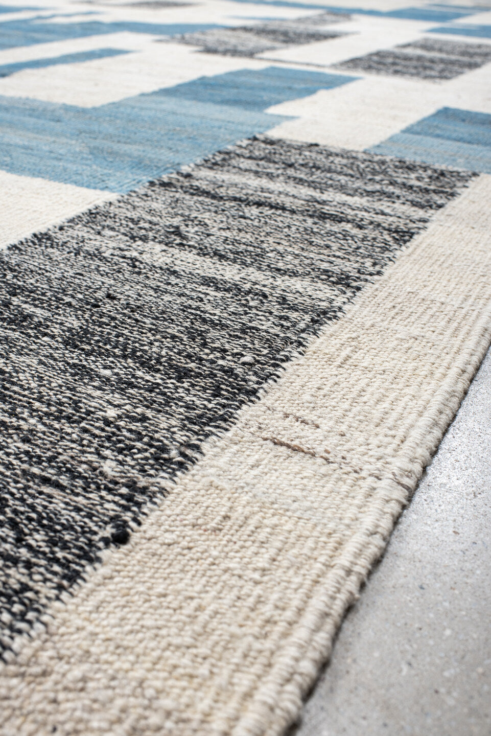 14' x 19' one-of-a-kind handmade vintage Kilim oversize rug. Color palette: ivory, blue, charcoal, slate, gray, black