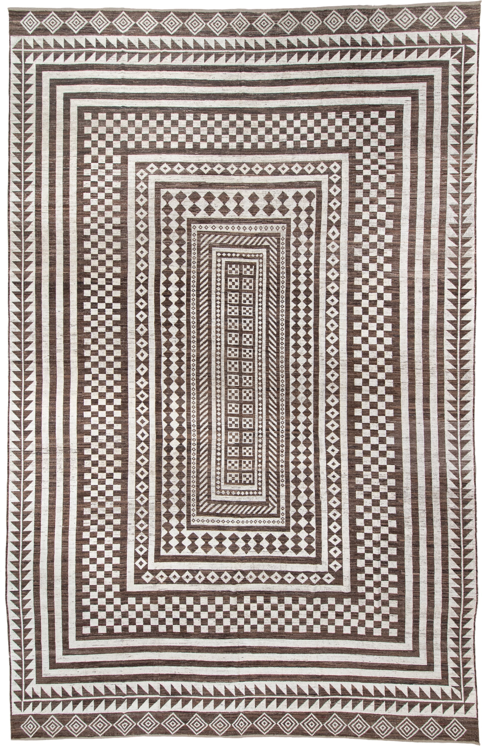 15' x 23' one-of-a-kind handmade vintage Tulu oversize rug. Color palette: ivory, brown, taupe, beige, gray