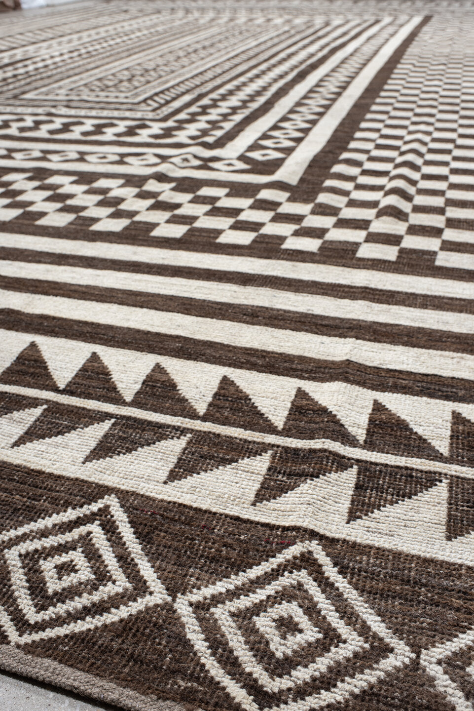 15' x 23' one-of-a-kind handmade vintage Tulu oversize rug. Color palette: ivory, brown, taupe, beige, gray