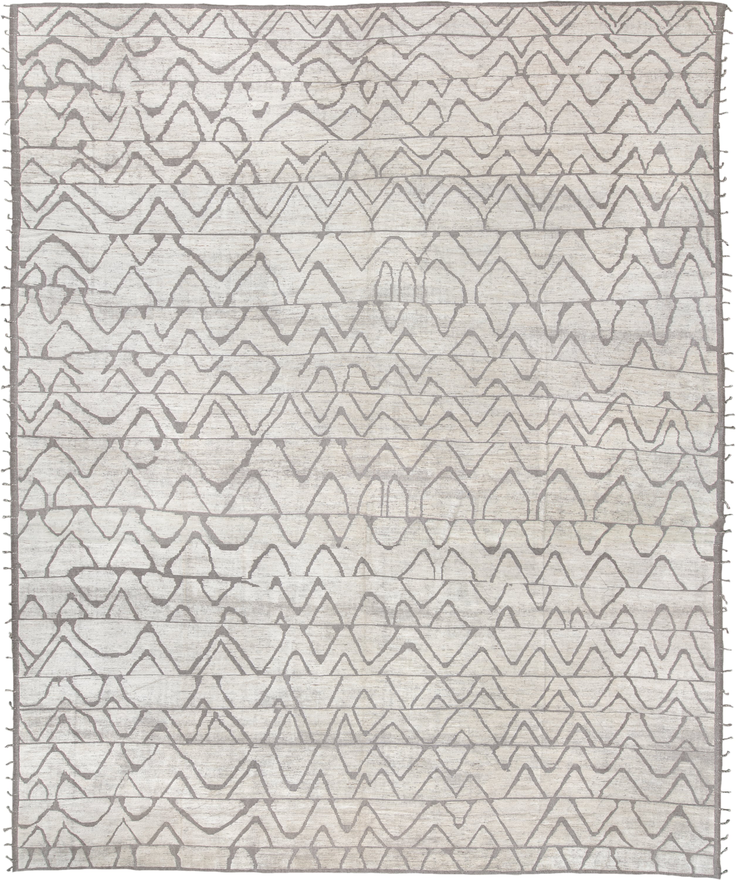 20' x 24' one-of-a-kind handmade vintage Tulu oversize rug. Color palette: ivory, gray, taupe, beige