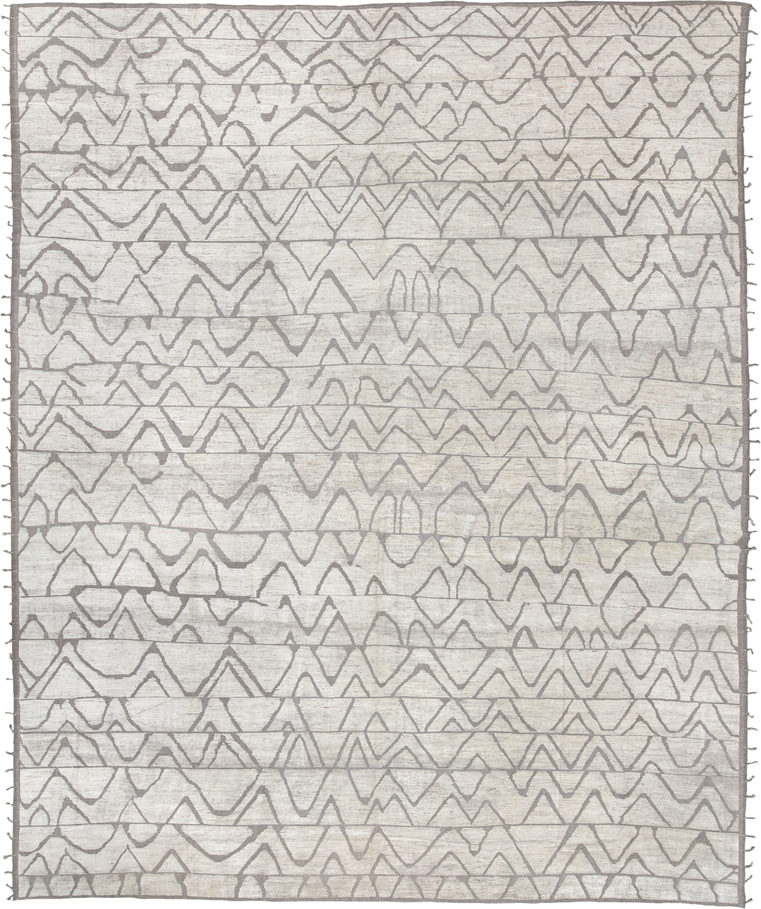 20' x 24' one-of-a-kind handmade vintage Tulu oversize rug. Color palette: ivory, gray, taupe, beige