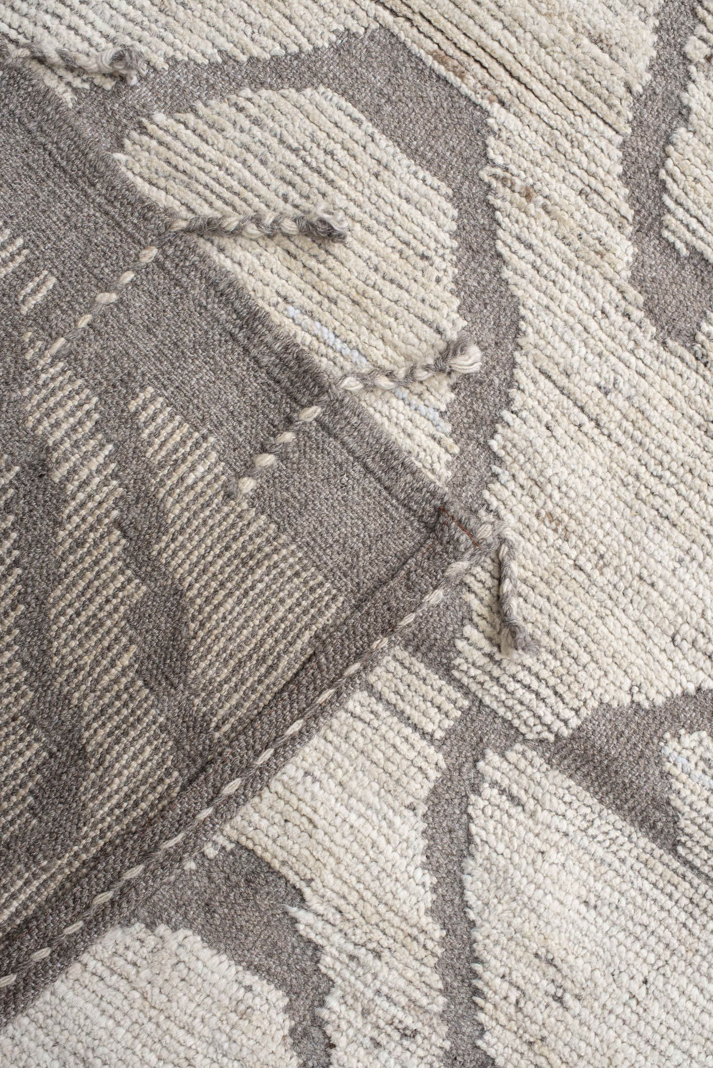 20' x 24' one-of-a-kind handmade vintage Tulu oversize rug. Color palette: ivory, gray, taupe, beige