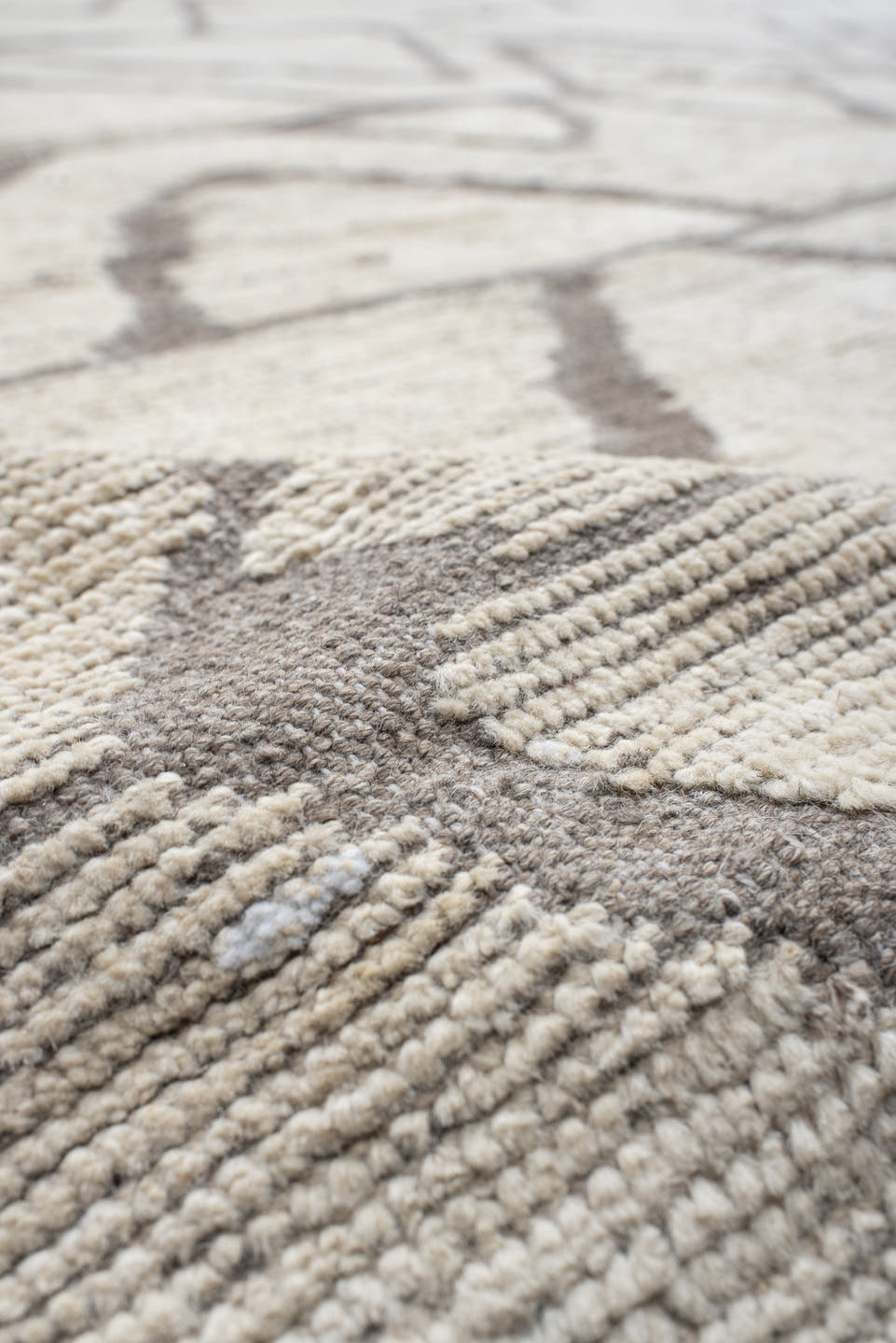 20' x 24' one-of-a-kind handmade vintage Tulu oversize rug. Color palette: ivory, gray, taupe, beige