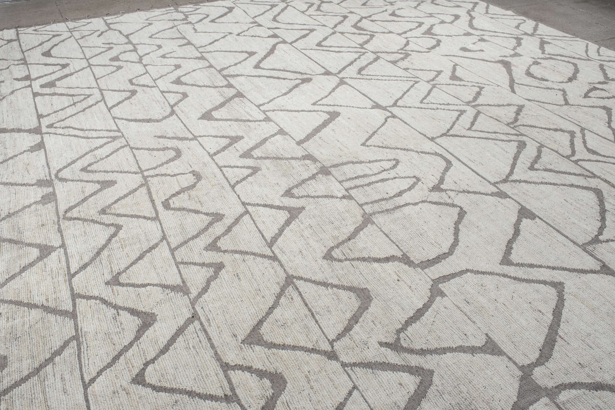 20' x 24' one-of-a-kind handmade vintage Tulu oversize rug. Color palette: ivory, gray, taupe, beige