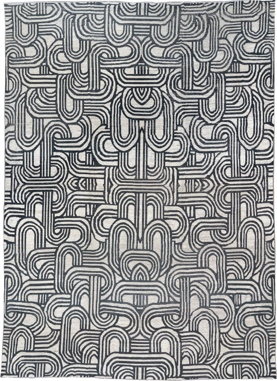 16' x 22' one-of-a-kind handmade vintage Tulu oversize rug. Color palette: ivory, charcoal, gray, black