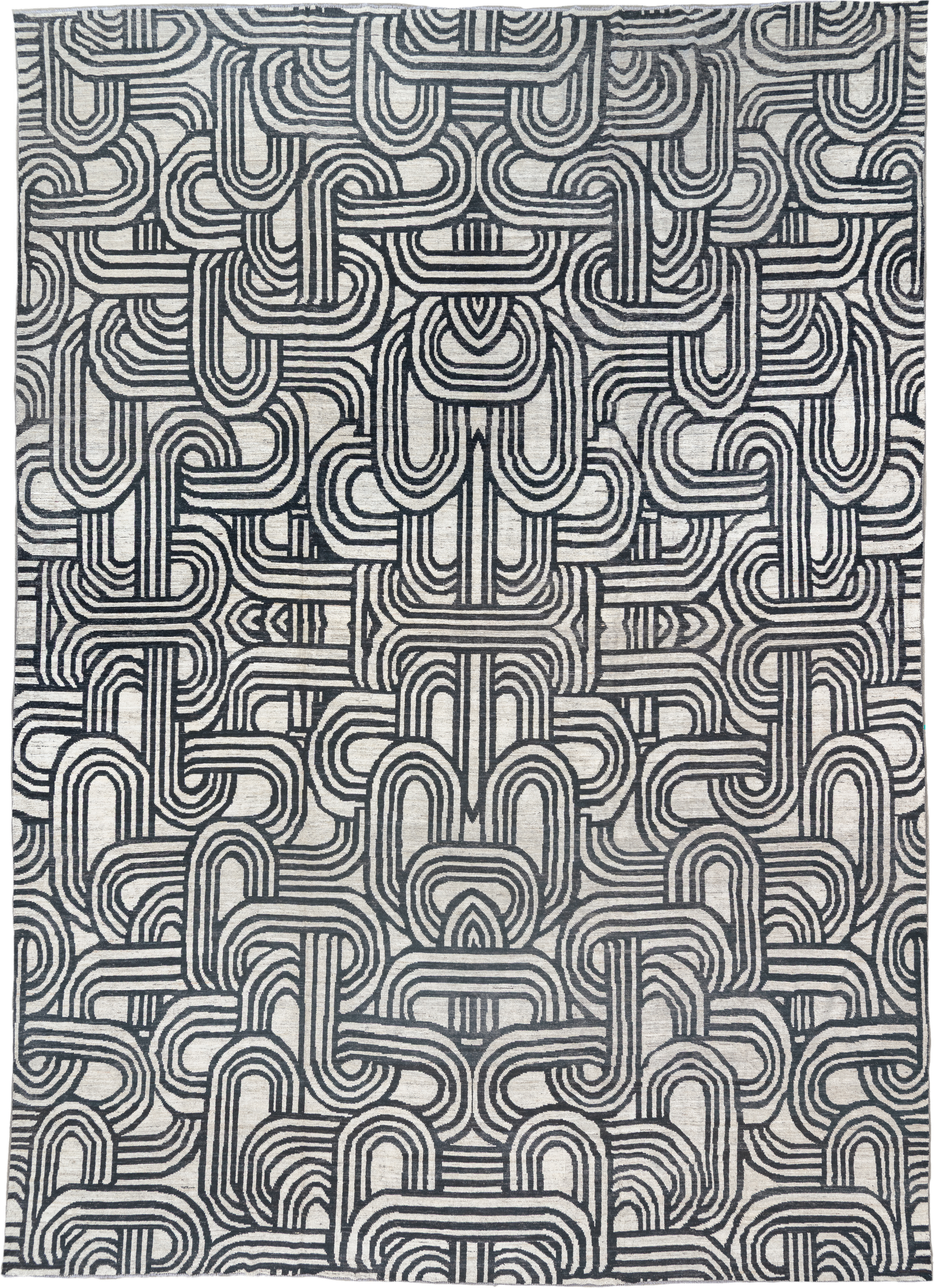 16' x 22' one-of-a-kind handmade vintage Tulu oversize rug. Color palette: ivory, charcoal, gray, black