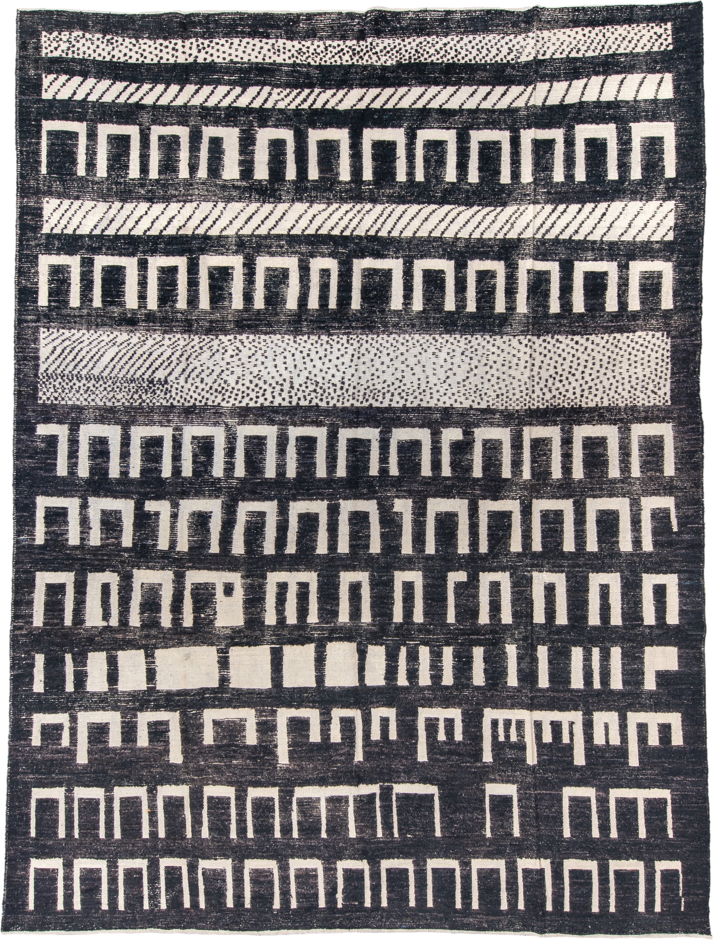 9' x 12' one-of-a-kind handmade vintage Tulu large size rug. Color palette: charcoal, ivory, gray, black