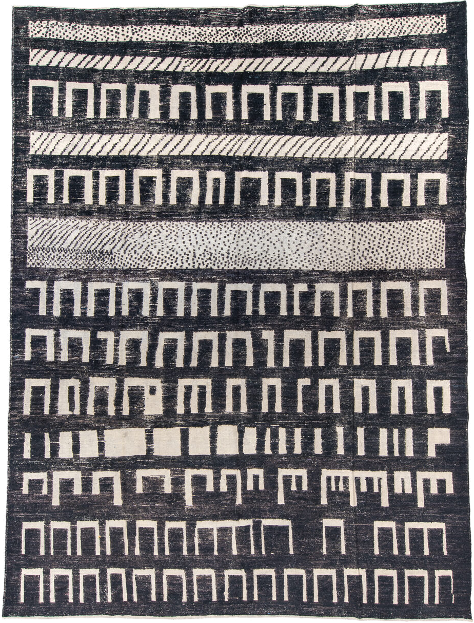 9' x 12' one-of-a-kind handmade vintage Tulu large size rug. Color palette: charcoal, ivory, gray, black