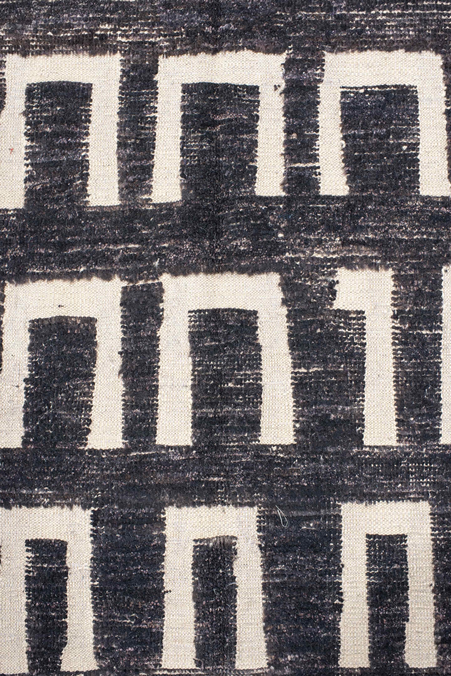 9' x 12' one-of-a-kind handmade vintage Tulu large size rug. Color palette: charcoal, ivory, gray, black
