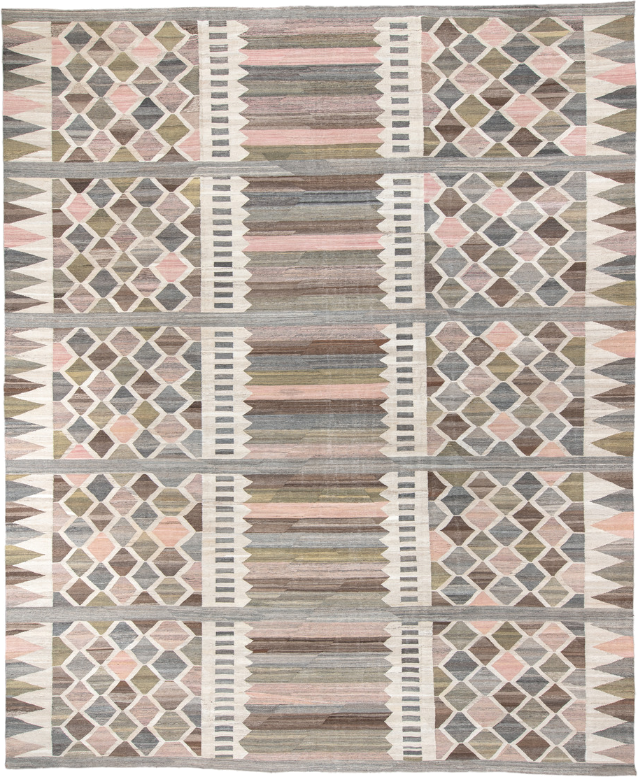 13' x 16' one-of-a-kind handmade vintage Kilim oversize rug. Color palette: taupe, gray, ivory, blush, olive, brown, beige