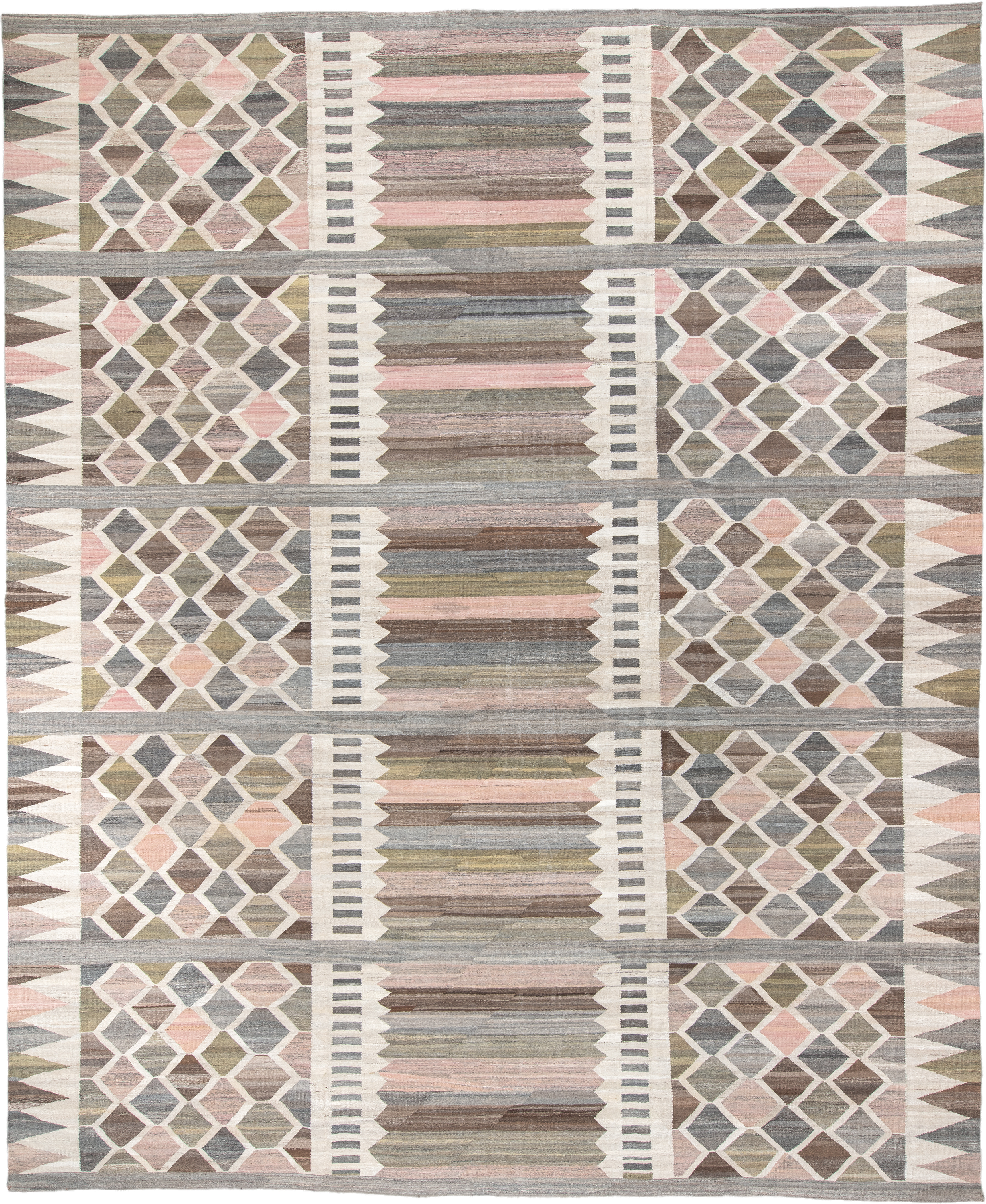 13' x 16' one-of-a-kind handmade vintage Kilim oversize rug. Color palette: taupe, gray, ivory, blush, olive, brown, beige