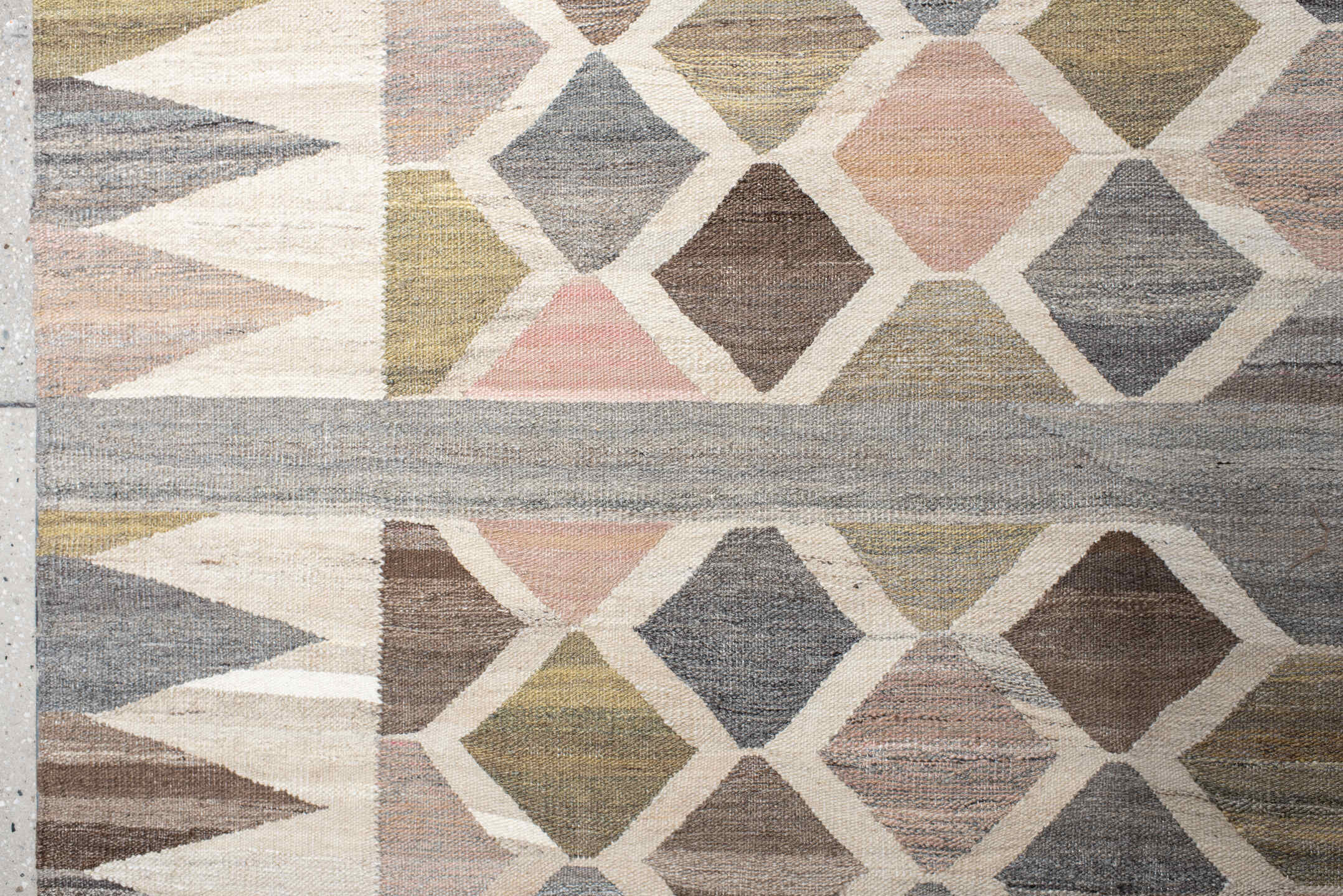 13' x 16' one-of-a-kind handmade vintage Kilim oversize rug. Color palette: taupe, gray, ivory, blush, olive, brown, beige