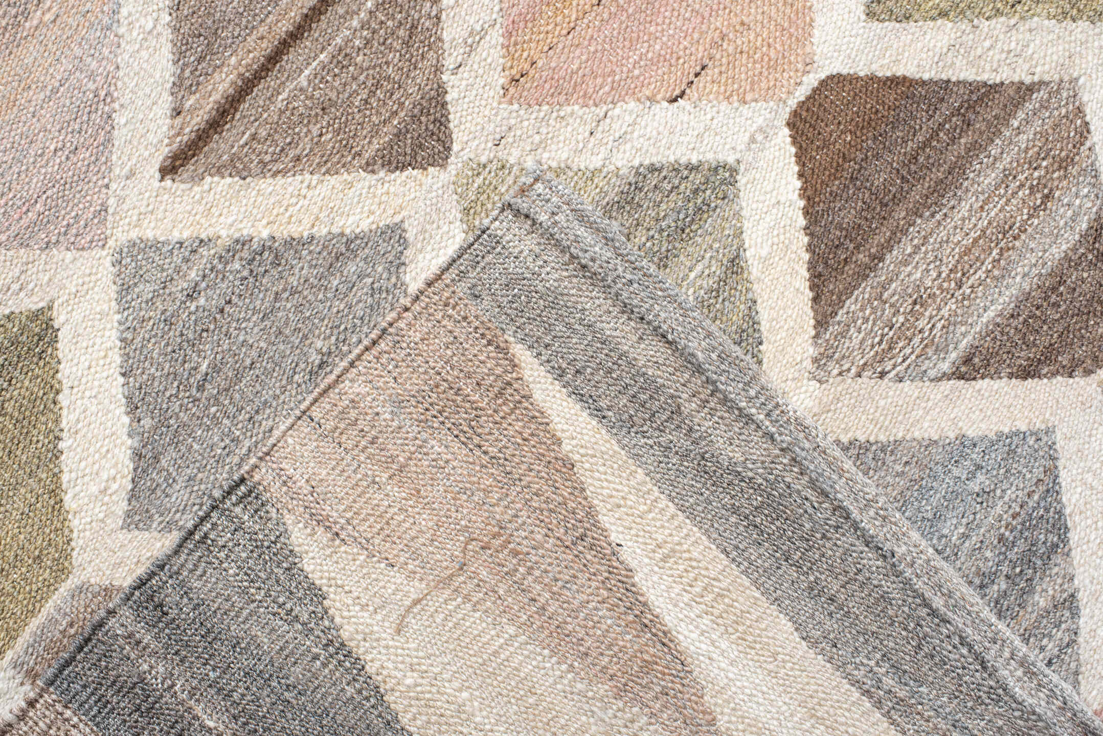 13' x 16' one-of-a-kind handmade vintage Kilim oversize rug. Color palette: taupe, gray, ivory, blush, olive, brown, beige