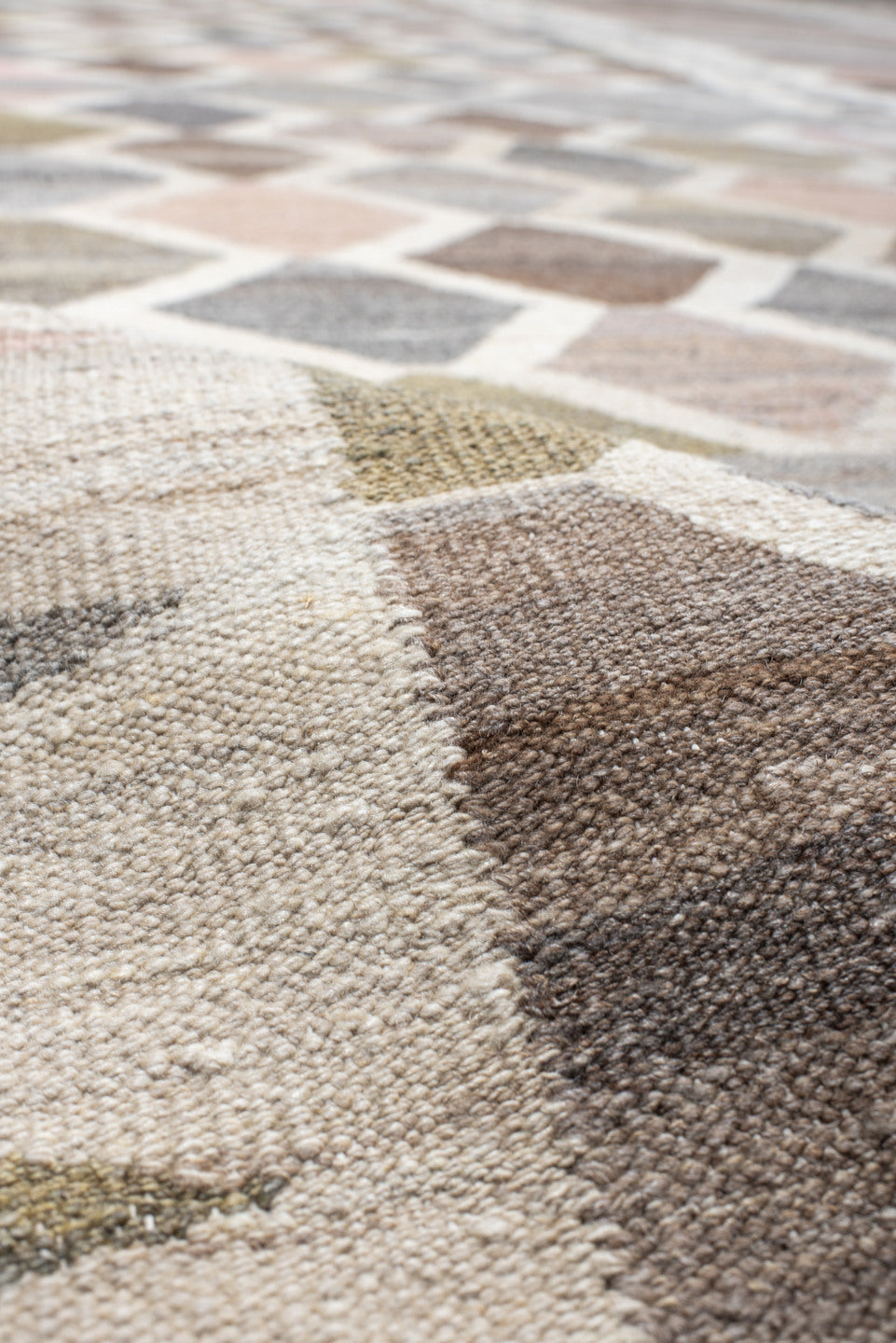 13' x 16' one-of-a-kind handmade vintage Kilim oversize rug. Color palette: taupe, gray, ivory, blush, olive, brown, beige