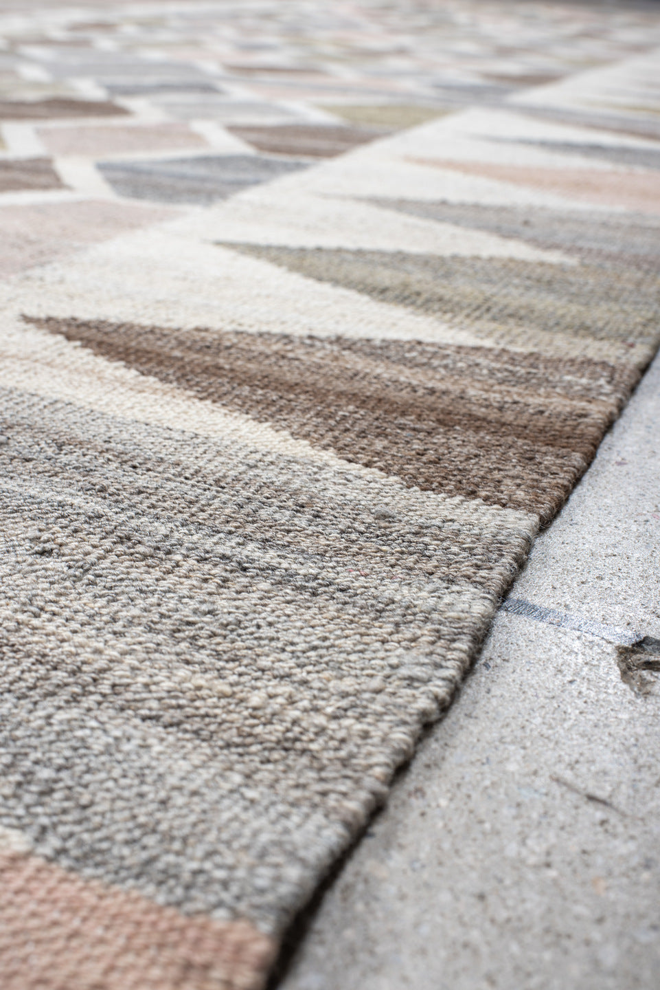 13' x 16' one-of-a-kind handmade vintage Kilim oversize rug. Color palette: taupe, gray, ivory, blush, olive, brown, beige