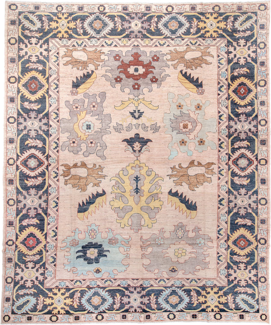 13' x 16' one-of-a-kind handmade vintage Oushak oversize rug. Color palette: ivory, charcoal navy, terracotta, pale blue
