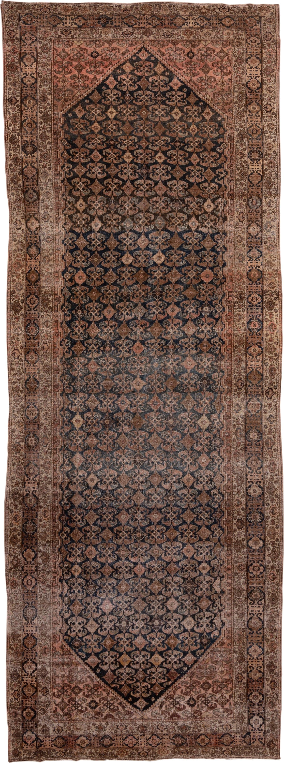 8' x 11' one-of-a-kind handmade vintage Kilim large size rug. Color palette: navy, rose, taupe, brown, ivory, camel
