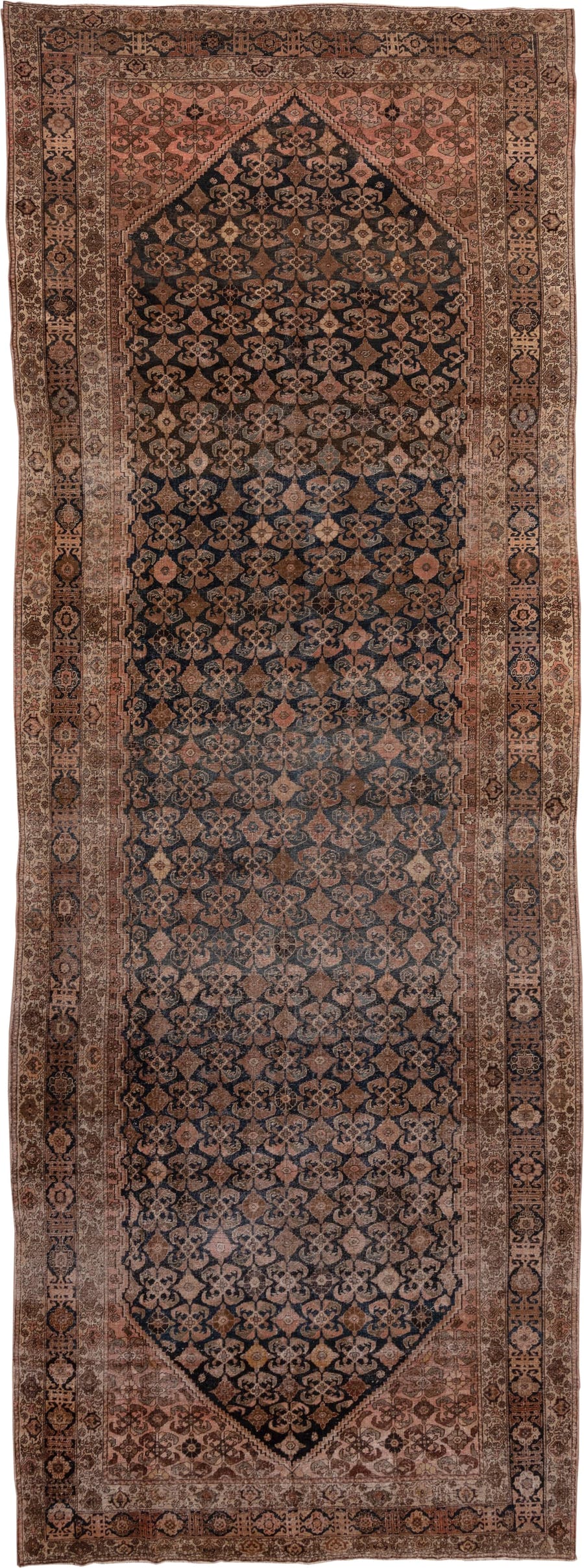 8' x 11' one-of-a-kind handmade vintage Kilim large size rug. Color palette: navy, rose, taupe, brown, ivory, camel